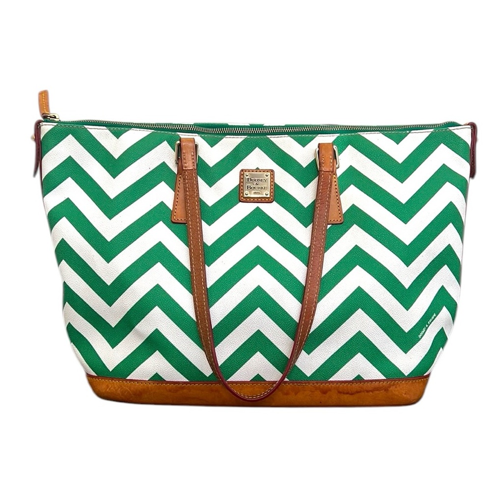 Dooney & Bourke Tote Bag Green White Chevron Striped Leather Zippered READ